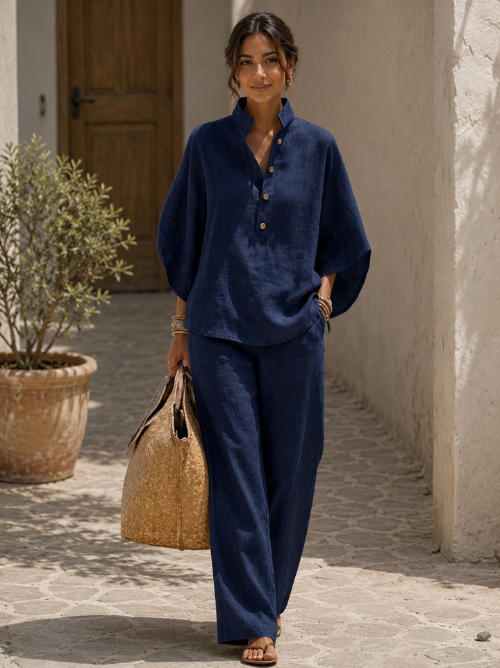 Mariel | Cotton Linen Set with Batwing Sleeves and Wide-Leg Pants