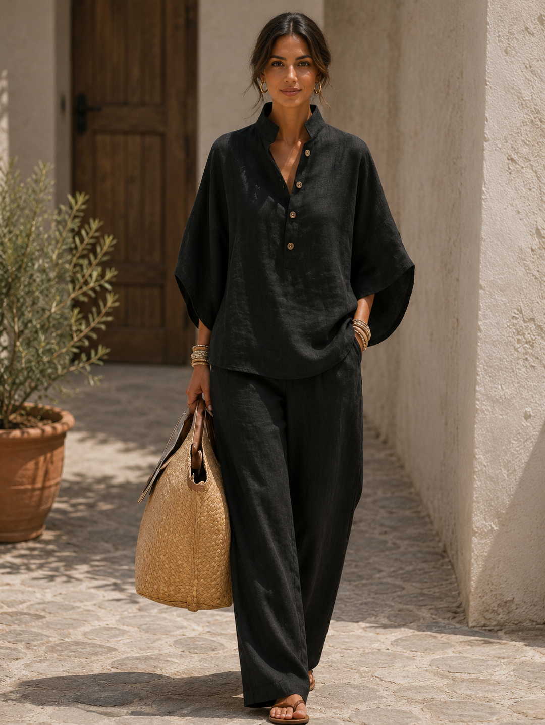 Mariel | Cotton Linen Set with Batwing Sleeves and Wide-Leg Pants