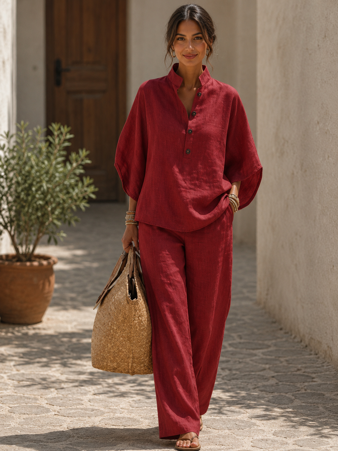 Mariel | Cotton Linen Set with Batwing Sleeves and Wide-Leg Pants