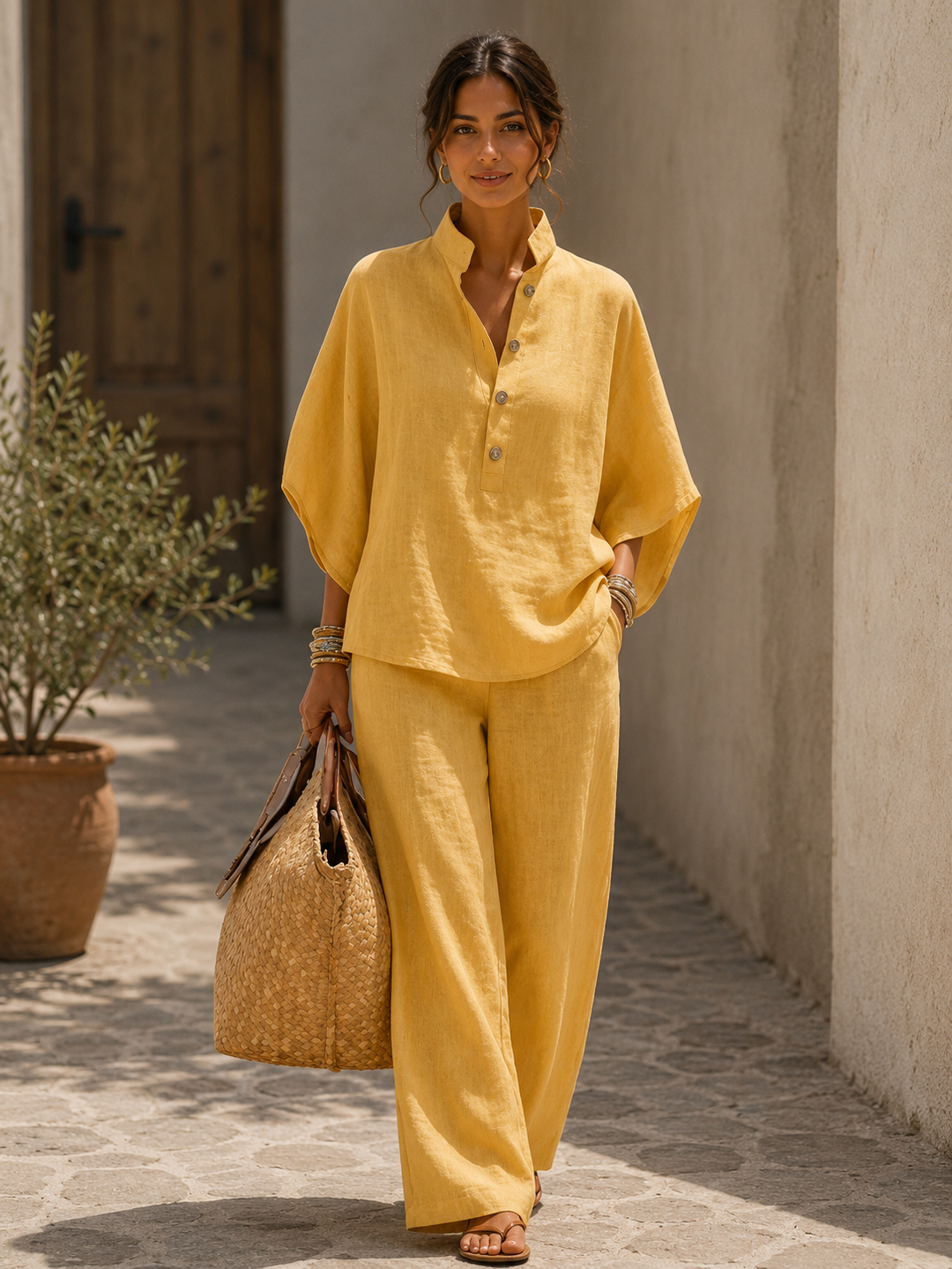 Mariel | Cotton Linen Set with Batwing Sleeves and Wide-Leg Pants