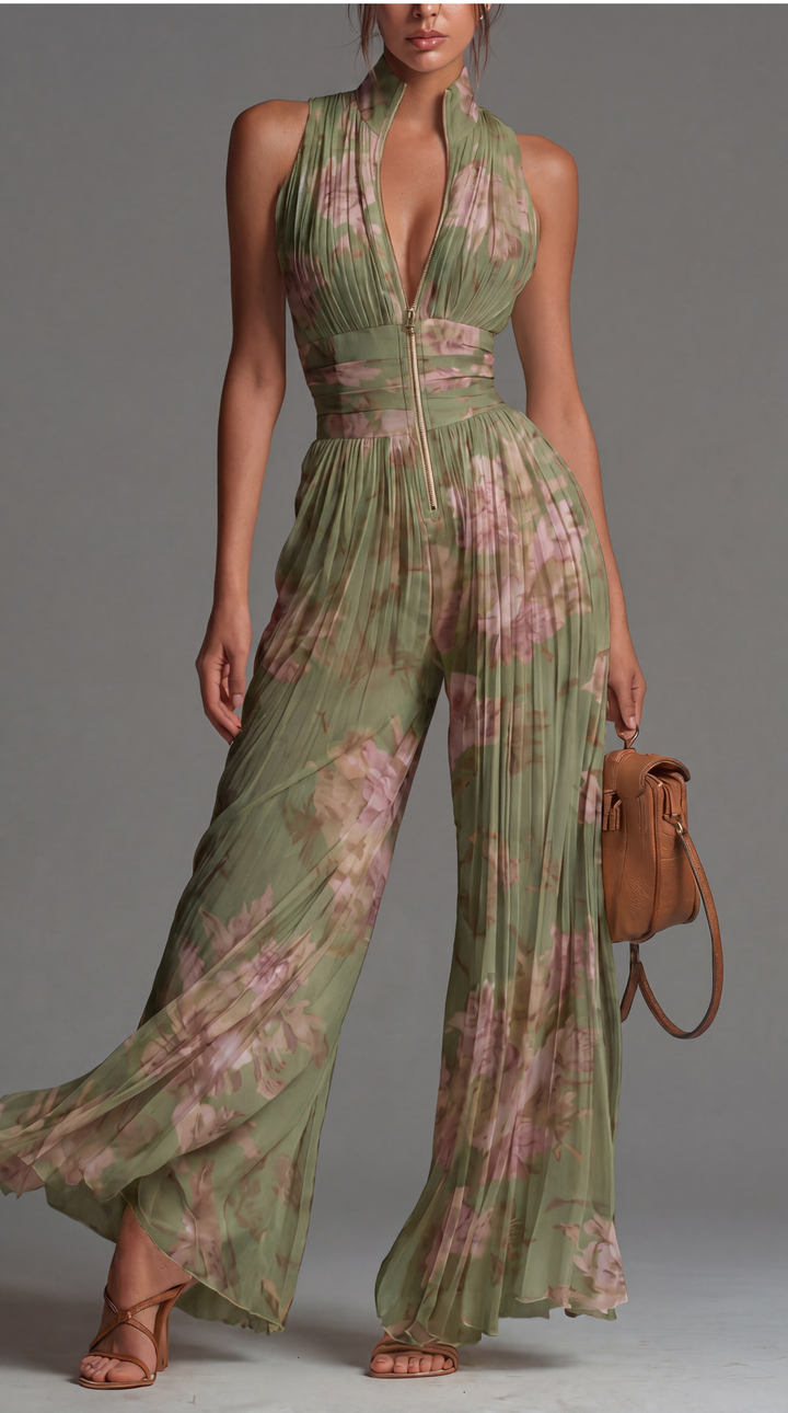 Inés | Floral Chiffon Pleated Jumpsuit